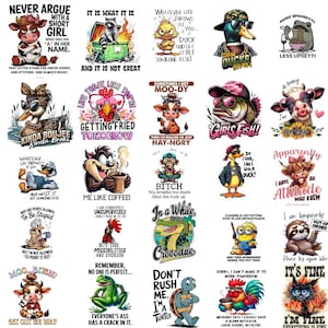 May include: A collection of colorful cartoon stickers with humorous phrases and animal characters. The stickers feature ducks, cows, a raccoon, a turtle, and other creatures with bold text like "Reel Girls Fish!" and "It's Fine."