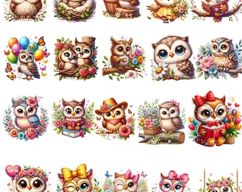 Paquete de imágenes prediseñadas de búhos bebés en acuarela, pegatinas Kawaii PNG, flores, lazos, ilustración floral, sublimación infantil