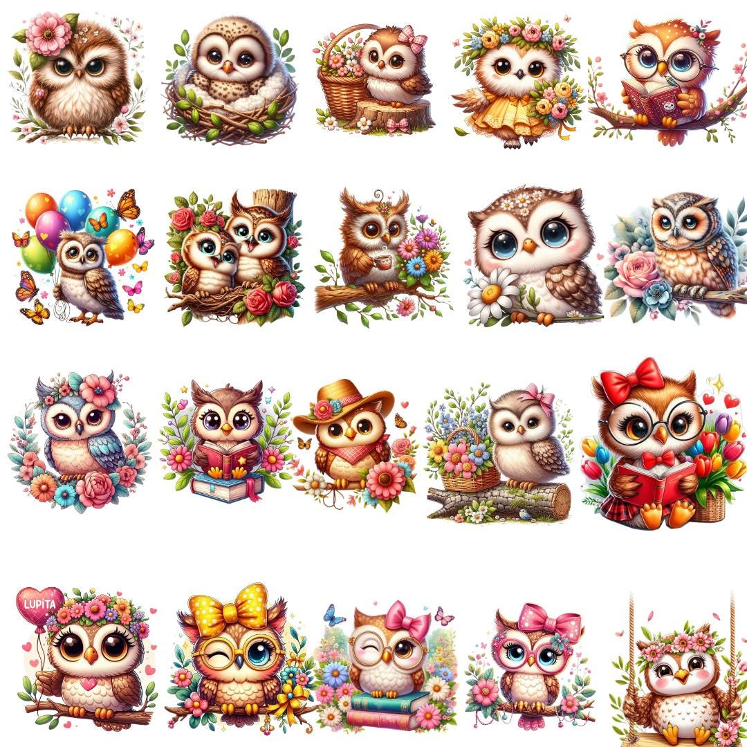 Watercolor Baby Owl Clipart Bundle, Kawaii Stickers PNG, Flowers, Bows, Floral Illustration, Kids Su
