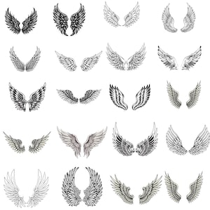 Op de afbeelding: Een verzameling van twintig gedetailleerde vleugelillustraties in verschillende stijlen. De vleugels zijn afgebeeld in zwart en wit, met verschillende niveaus van schaduw en veerdetaillering. De ontwerpen variëren van eenvoudige contouren tot zeer gedetailleerde weergaven.