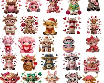 Kunstgarn Highland Kuh PNG Bundle, flauschige Kuh Sublimationsdesign (digitaler Download)