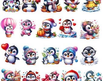 Paquete de imágenes prediseñadas de pingüinos florales en acuarela, pingüinos bebés PNG (descarga digital)