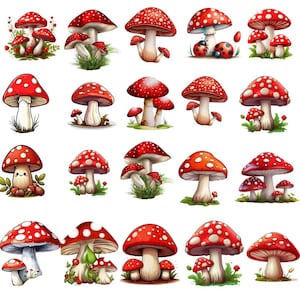 May include: A collection of colorful illustrations of red and white spotted mushrooms. The mushrooms vary in size and shape, some with grass and leaves. The image is a whimsical depiction of various types of mushrooms, perfect for nature-themed designs.