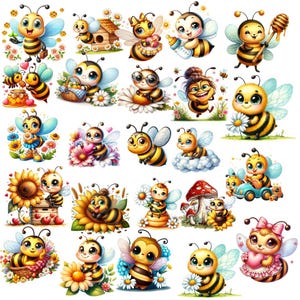 May include: A collection of cartoon bee illustrations in various poses and settings. The bees are primarily yellow and black, with large eyes and smiling faces. Some bees hold flowers, honey, or ride in vehicles. The overall theme is cute and whimsical.