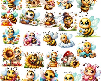 Kawaii Bee Clipart Bundle, Watercolor Honey Bees, Sublimation PNG (Digital Download)