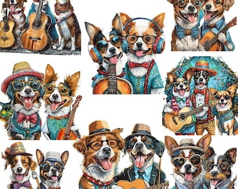 Perros musicales PNG, imágenes prediseñadas de banda, diseño canino humorístico, gráfico para sublimación (descarga digital)