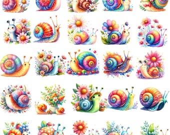 Paquete de imágenes prediseñadas de caracoles en acuarela, ilustraciones de animales kawaii (descarga digital)
