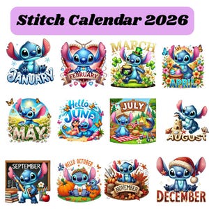 May include: A colorful 2026 calendar featuring the character Stitch. Each month is represented with a unique illustration of Stitch, with the month's name displayed. The calendar includes images for January, February, March, April, May, June, July, August, September, October, November, and December.
