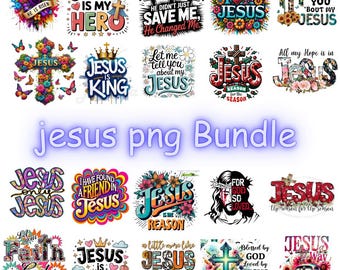 May include: A collection of colorful PNG graphics with religious themes. The designs include crosses, floral arrangements, and text such as "Jesus is My Hero," "Jesus is King," and "Jesus the Way." The phrase "Jesus png Bundle" is also present.