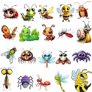 May include: A collection of cartoon insects, including a ladybug, grasshopper, bee, and spider. Each insect is brightly colored and has large, expressive eyes. The illustrations are whimsical and suitable for children's designs.