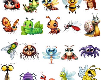 Funny Cartoon Insects PNG Bundle, Bug Clipart (Instant Download