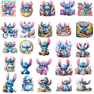 May include: A collection of colorful Easter-themed graphics featuring the character Stitch. The images showcase Stitch with Easter eggs, baskets, and bunny ears. Some images include text like "My First Easter" and "Happy Easter".