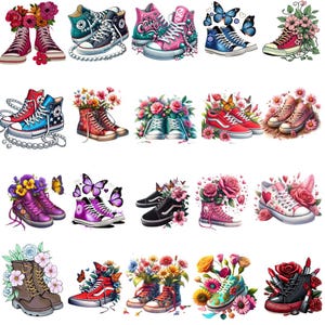 May include: A selection of trainers, high-tops, and boots, each decorated with flowers and butterflies. The footwear is in various colours, including red, pink, blue, and black, with decorative elements such as pearls and hearts.