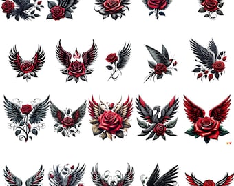 Winged Red Rose Tattoo PNG | Gothic Angel Wings Design (Digital Download)