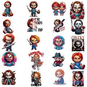 Può includere: Una collezione di illustrazioni colorate a tema Chucky. Le immagini presentano la bambola con varie espressioni, che tiene in mano armi e con testo come "Wanna Play?" e "We're Friends Til The End."