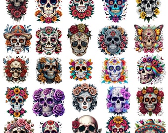 Paquete PNG de calaveras florales: diseños góticos de sublimación (descarga digital)