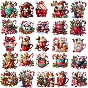 May include: A collection of festive Christmas-themed illustrations. The image features various mugs and cupcakes decorated with whipped cream, candy canes, gingerbread men, and holiday accents. Some mugs have the text "Merry Christmas" and "Merry and Bright".