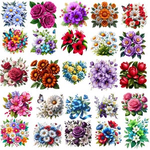 May include: A collection of watercolor floral bouquets in various colors, including pink, purple, orange, red, and blue. Each bouquet features different flower types, such as roses, daisies, and lilies, with green foliage and some with butterflies.