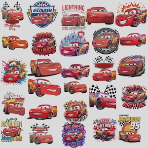 May include: A collection of various graphic illustrations featuring the red race car Lightning McQueen from the movie Cars, displaying different poses, expressions, and themes including birthday and Halloween designs with the number 95.