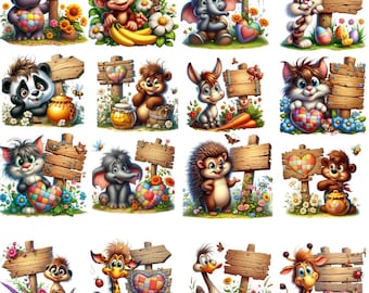 Imágenes prediseñadas de letreros de madera, insectos kawaii PNG, animales del bosque, arte de sublimación (descarga digital)