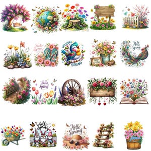May include: A selection of watercolour illustrations with spring themes. Images include flowers, birds, butterflies, and garden elements. Some designs incorporate text such as "Hello Spring" and "Welcome Spring". The colour palette is vibrant with pinks, blues, and greens.
