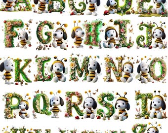 Snoopy inspiriertes Alphabet PNG Bündel | Cartoon Buchstaben A-Z Clipart (digitaler Download)