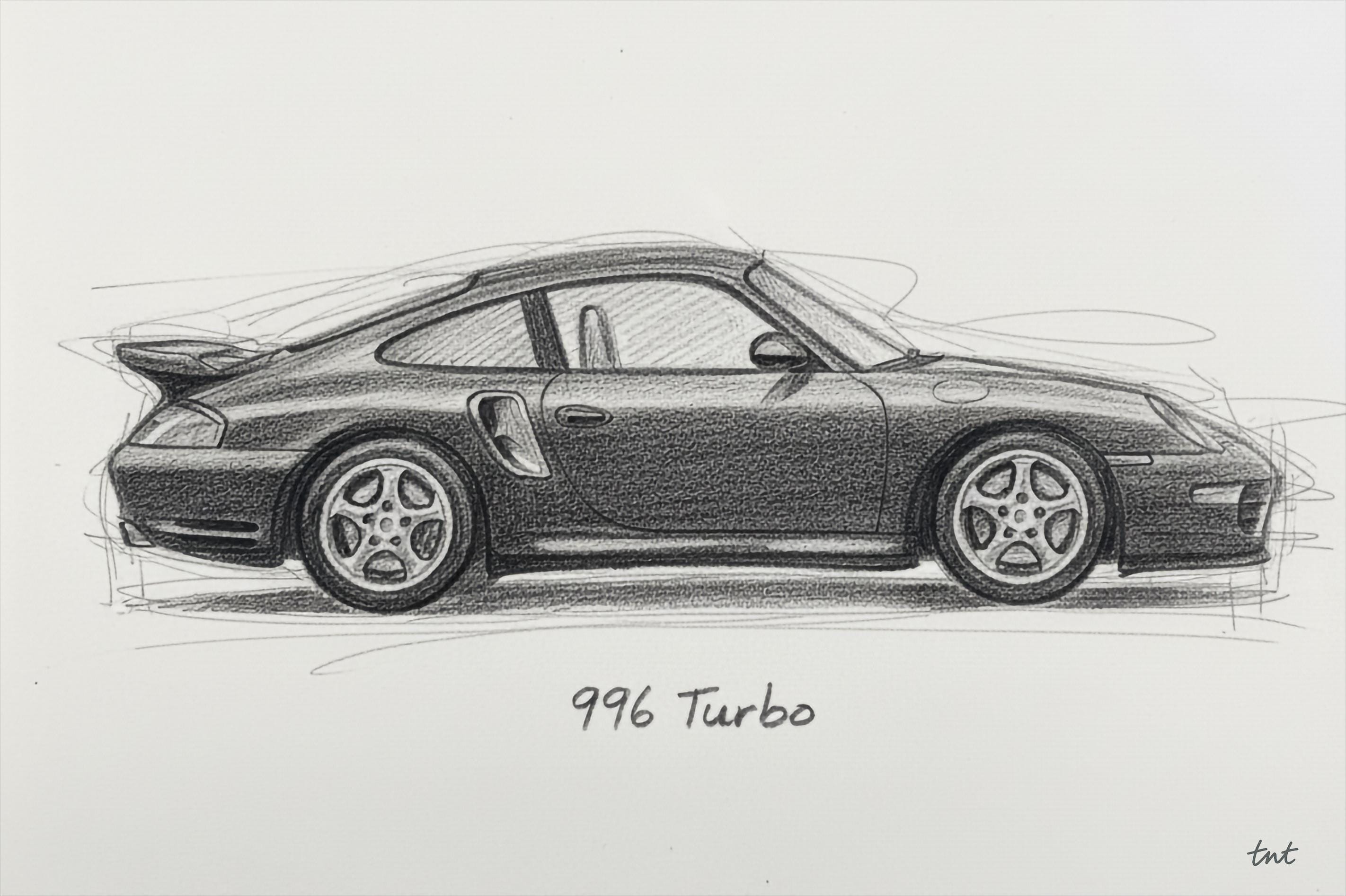 ポルシェ 996 ターボ 鉛筆スケッチ — ミニマリスト ポルシェ 911 