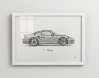 ポルシェ 911 ターボ S カブリオレ 鉛筆スケッチ アートプリント