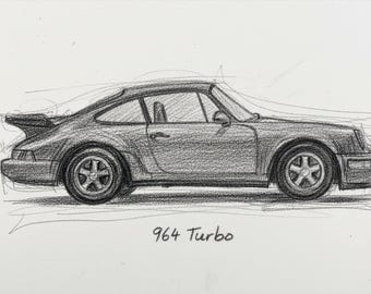 限定版の図面プリント |ポルシェ 911 964 ターボの図面 |クラシック
