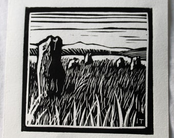 Hordron Edge stone circle lino cut print pagan druid stanage peak district