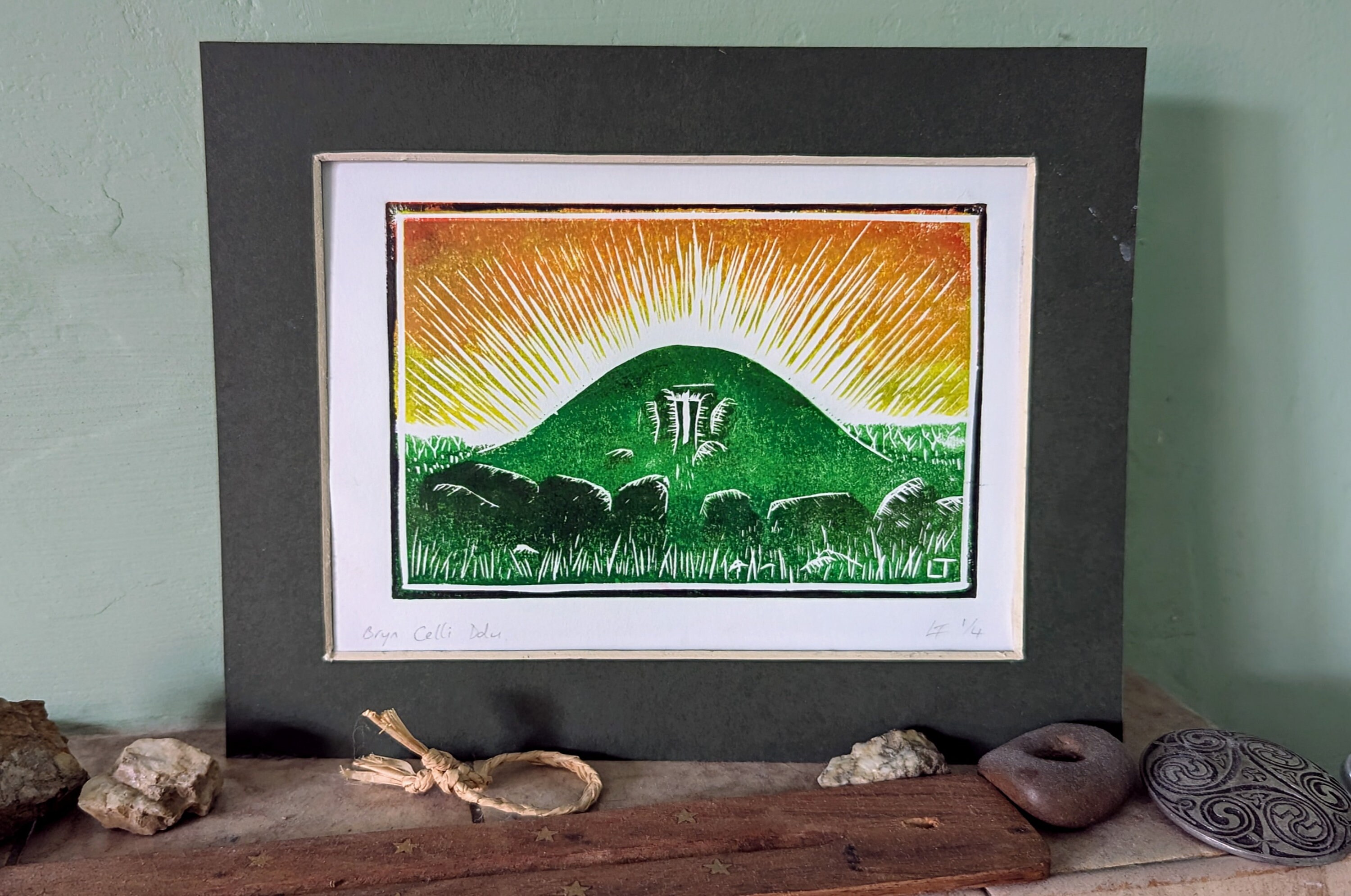 Bryn Celli Ddu neolithic tomb lino cut print pagan druid Solstice edition