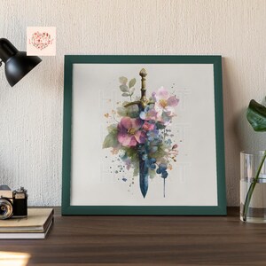 May include: A framed watercolor print featuring a sword entwined with flowers. The artwork showcases a sword with a gold hilt and a blue blade, surrounded by pink, blue, and green floral elements. The frame is a dark green color.