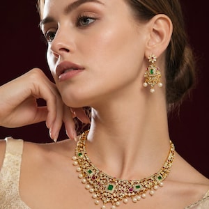 22K Gold Plated Ruby Necklace Set, Indian Bridal Jewellery, Faux Ruby Green Stone Choker, Ethnic Wedding Earrings Set