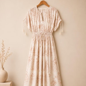 May include: A midi-length dress in a cream color with a light brown floral print. It features a V-neckline, short sleeves with tie-string details and tassels, and an elasticated waist with a drawstring cord. The dress hangs on a wooden hanger.