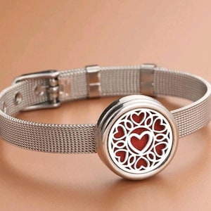 Può includere: Bracciale color argento con un ciondolo rotondo con un design a forma di cuore. Il ciondolo ha un centro rosso e un motivo traforato di cuori. Il bracciale è in stile mesh con chiusura a fibbia.