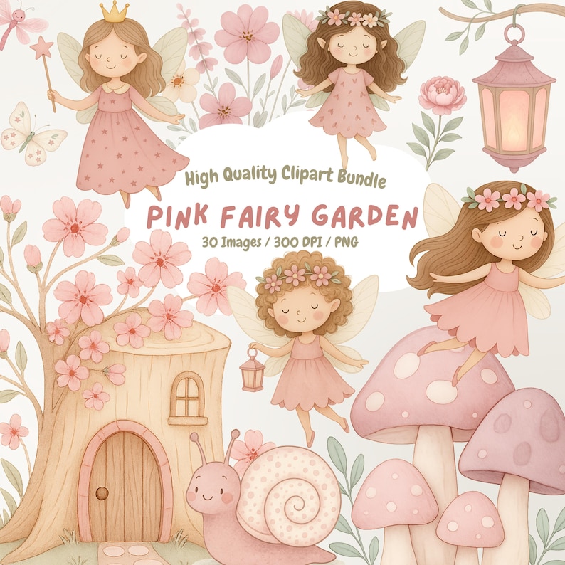 Pink Fairy Garden Clipart Bundle – Watercolour Fairies, Mushrooms ...