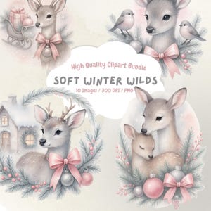 May include: A digital clipart bundle featuring watercolor illustrations of deer, birds, and winter elements. The images include deer with pink bows, winter foliage, and the text "SOFT WINTER WILDS". The bundle includes 10 images at 300 DPI.