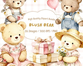 Pacote de Clipart de Ursinho de Pelúcia Rosado – PNG em Aquarela Pastel para Quarto de Bebê, Arte para Chá de Bebê para Download
