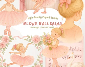 Watercolor Blond Ballerina Clipart Set: Pink Tutu Ballet Dancer PNG Bundle (Digital Download)