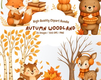 Autumn Woodland Clipart Bundle – Cute Forest Animals & Fall Elements PNG, Cozy Watercolour Autumn Clip Art