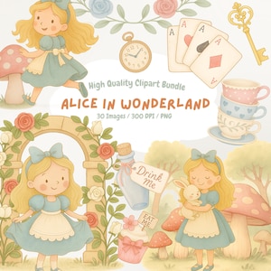 Puede incluir: Un conjunto de ilustraciones digitales con el tema de Alicia en el país de las maravillas. La imagen incluye a Alicia con un vestido azul, naipes, un reloj de bolsillo, tazas de té, una llave y setas. El texto dice "Alice in Wonderland".
