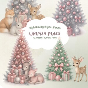 May include: Watercolor illustration of a Christmas-themed clipart bundle. The image features decorated Christmas trees, gift boxes, and woodland animals like a fox, rabbit, and deer. The text "WHIMSY PINES" is displayed.