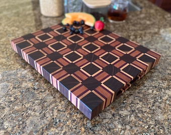 End Grain Cutting Board – Handmade Walnut, Maple & Purpleheart Wood Cutting Board, Premium Kitchen Board