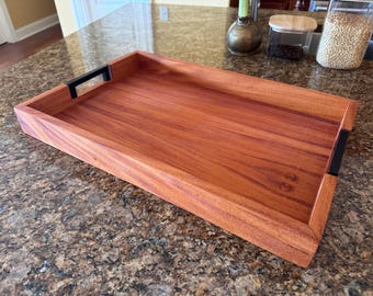 Handmade Mahogany Serving Tray Solid Wood Bottom Black Handles