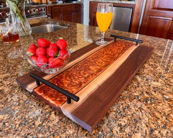 Live Edge Walnut Resin Serving Tray - Red Orange River - Charcuterie Board
