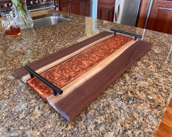 Live Edge Walnut Resin Serving Tray - Red Orange River - Charcuterie Board