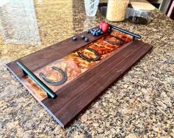 Walnut Horseshoe Serving Tray – Epoxy Resin Tray, Horse Lover Gift, Handmade Wooden Tray