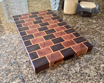 End Grain Cutting Board – Handmade Walnut, Cherry & Maple Wood Cutting Board, Brick Pattern