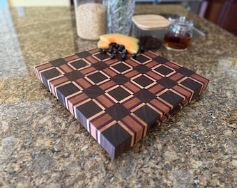 End Grain Cutting Board – Handmade Walnut, Maple, Cherry & Purpleheart, Geometric Pattern Wood Cutting Board
