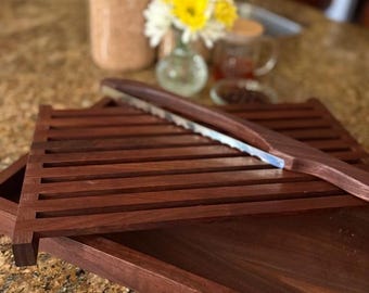 Handmade Walnut Bread Crumb Tray with Knife – Solid or Veneer Bottom Option – Wooden Serving Tray Gift for Bread Lovers